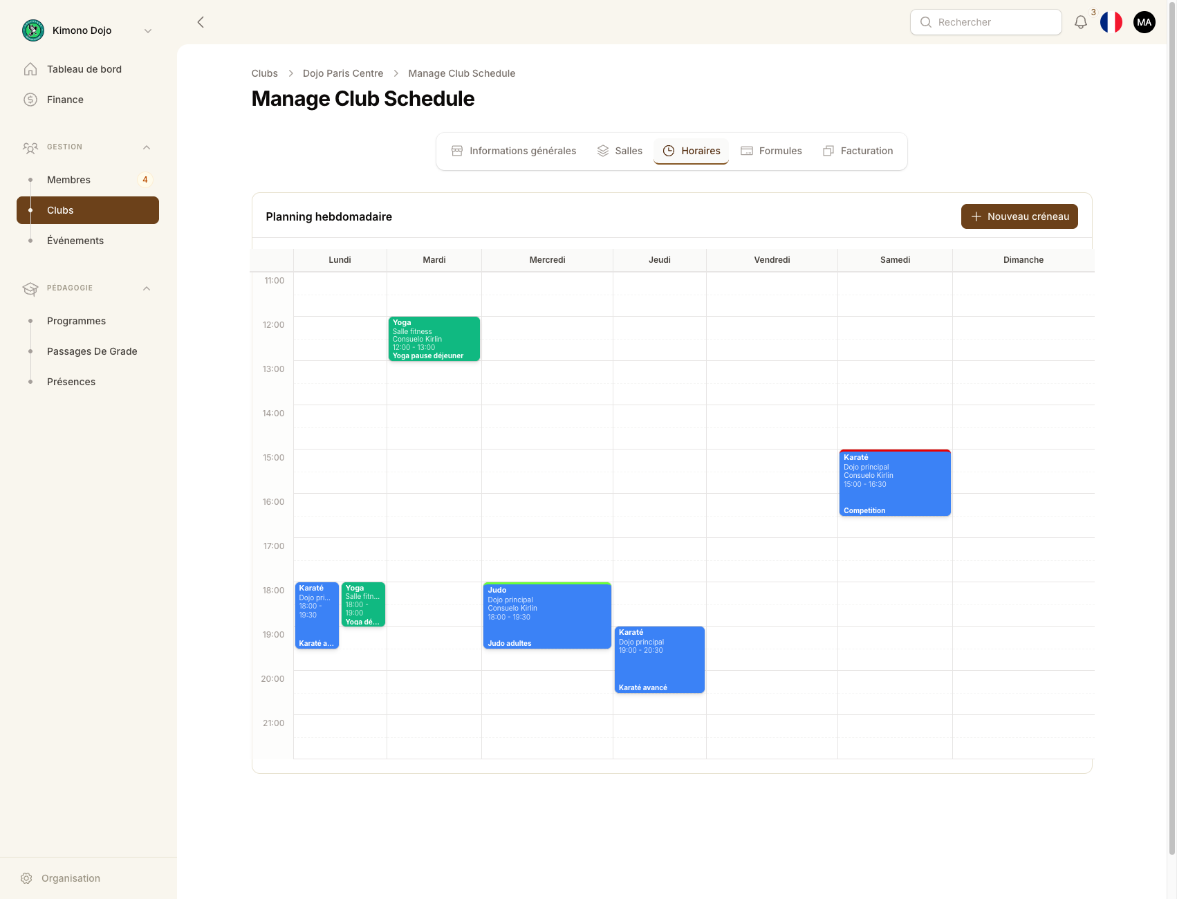 Planning & Créneaux